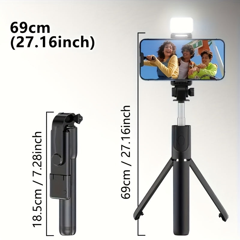 Scalable Phone Selfie Stick with Built-in Fill Light Telescopic Phone Selfie Stick with Built-in Light, Professional Live Streaming Tripod, Wireless Remote 360° Rotating Smartphone Tripod for Hiking/Travel/Vlog/Outdoor