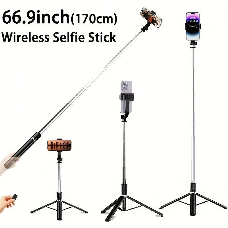 68 Inch Retractable Selfie Stick Professional Floor Tripod for Live Streaming, with Wireless Remote, 360° Rotation, Stable Anti-shake Design. Ideal for Travel Vlogs & Outdoor Live Streaming. Compatible with iPhone/Android Smartphones