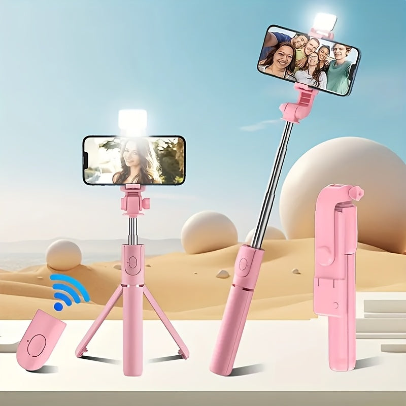 Scalable Phone Selfie Stick with Built-in Fill Light Telescopic Phone Selfie Stick with Built-in Light, Professional Live Streaming Tripod, Wireless Remote 360° Rotating Smartphone Tripod for Hiking/Travel/Vlog/Outdoor